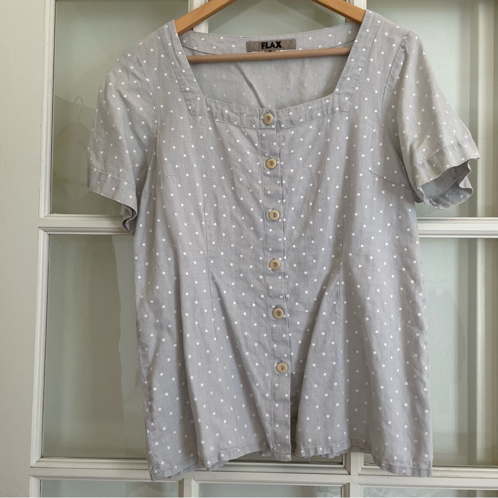 Flax grey and white polka dot linen square neck short sleeve button front blouse